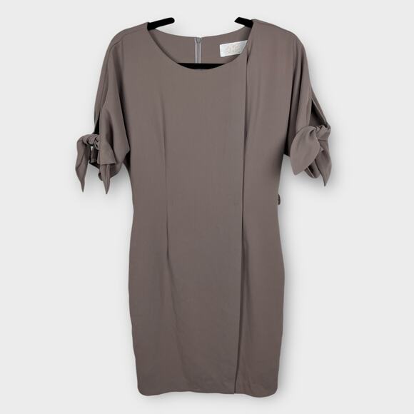 Womens Size 0 XXS Minimalist Gray Brown Sheath Bow Sleeve Career Dress Preppy - Picture 2 of 8